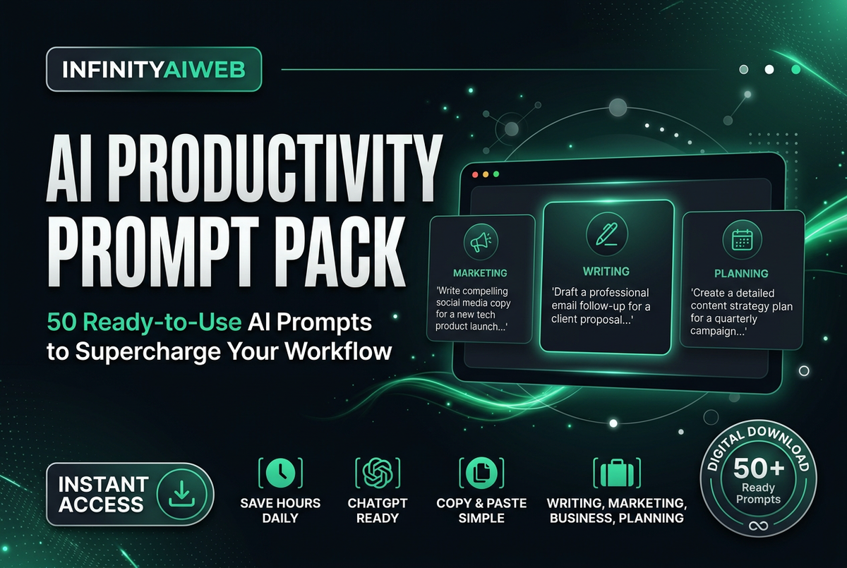 AI Productivity Prompt Pack – InfinityAIWeb branded preview showing 50 ready-to-use AI prompts with category cards for writing, marketing, business and planning