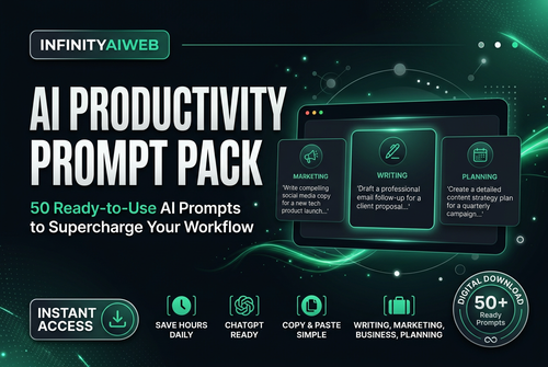AI Productivity Prompt Pack – InfinityAIWeb branded preview showing 50 ready-to-use AI prompts with category cards for writing, marketing, business and planning