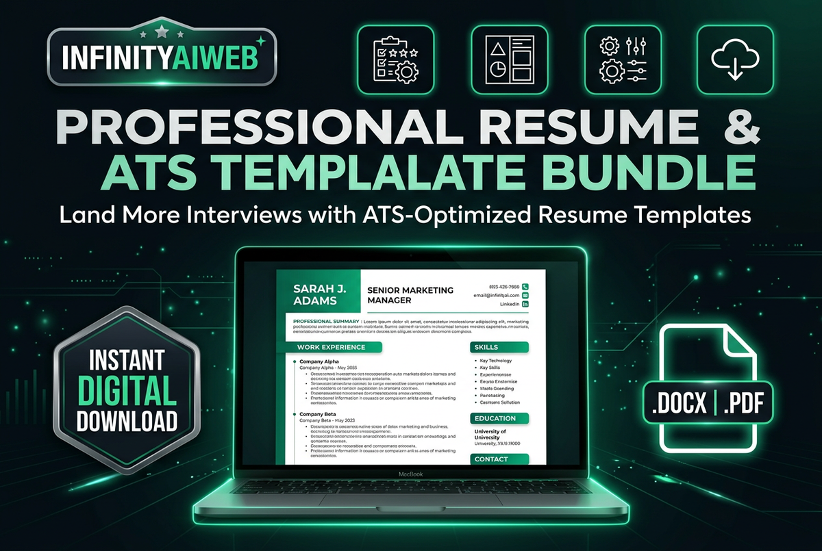 Professional Resume & ATS Template Bundle – InfinityAIWeb branded preview showing clean ATS-optimized resume template with emerald green accents