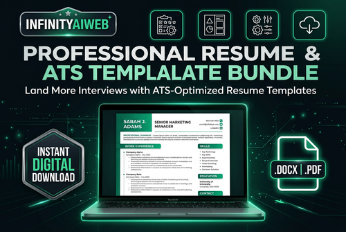 Professional Resume & ATS Template Bundle – InfinityAIWeb branded preview showing clean ATS-optimized resume template with emerald green accents